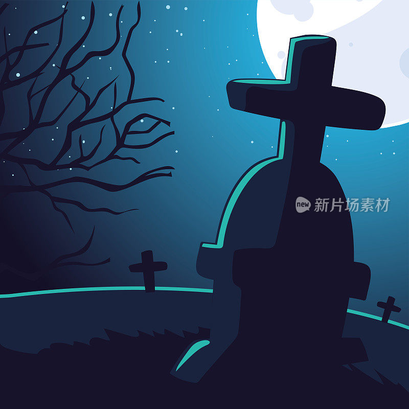 halloween background with scary cemetery and moon full